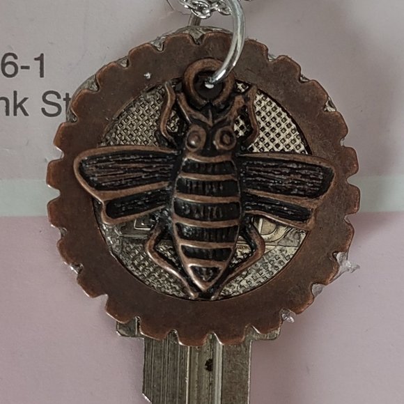 Rag Frog Revival Up-cycled key necklace with bumblebee and gears 20" - Picture 2 of 4